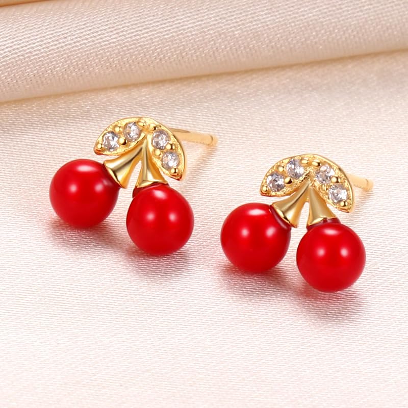 Pearl Earrings Ladies Compatible with Metal Allergies Cherry Fruit Pearl Double Shell Pearl Cute Cherry Cherries Earrings Everyday Use Birthday