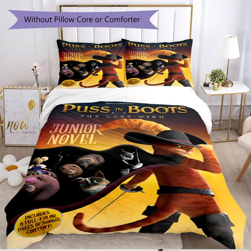 3pcs Duvet Cover Set (1*Duvet Cover + 2*Pillowcase, Without Core), Puss In Boots Print Soft All‑Season Bedding Set, Home Bedroom Decor Gift