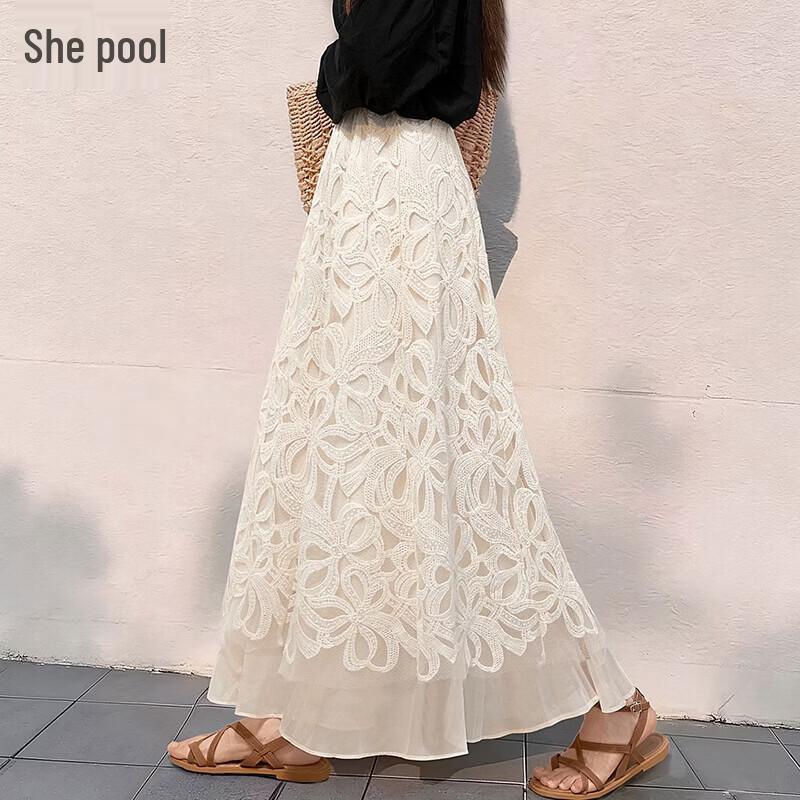 Elegant Embroidered Floral Lace A-Line Mesh Skirt L