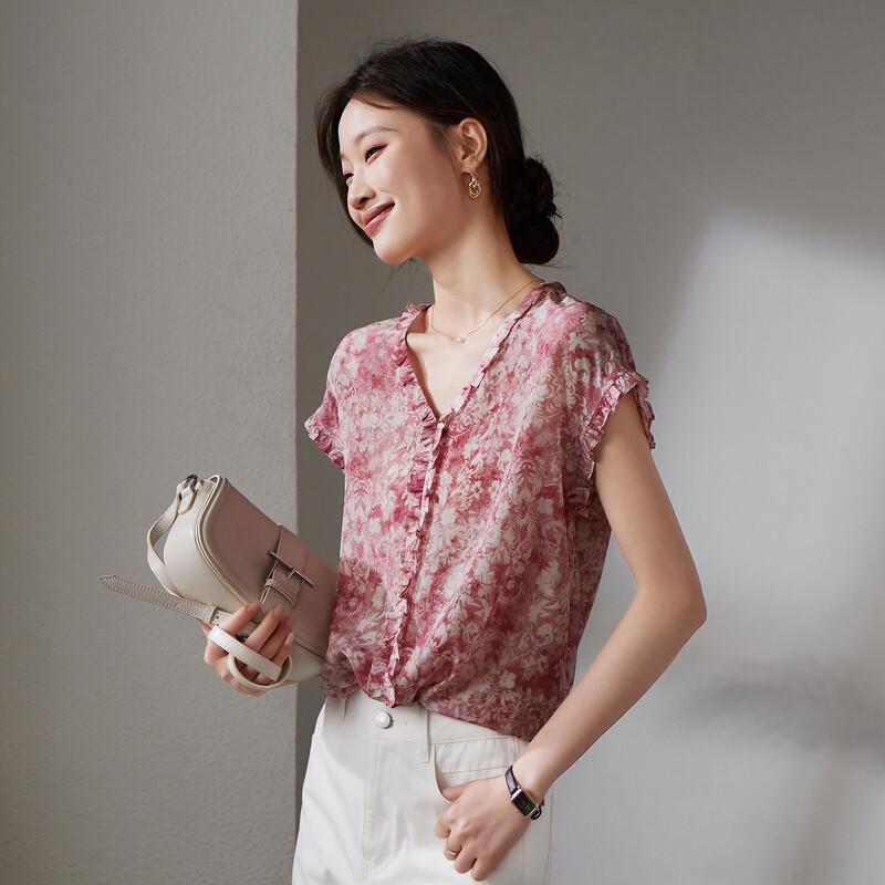 SOFSIL Women s Mulberry Silk Printed V-Neck Short Sleeve Shirt L