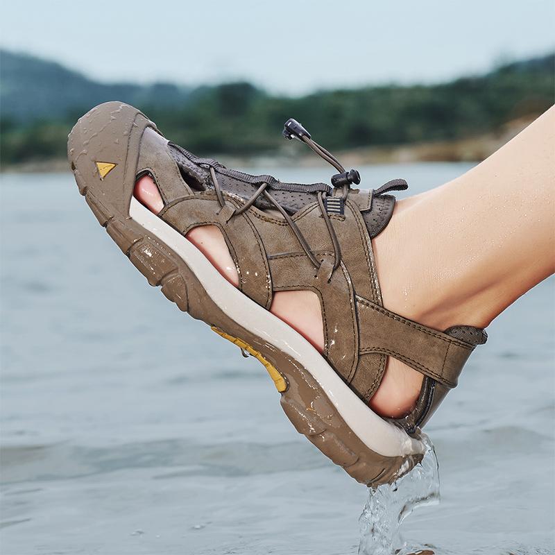 Mens Sandals Top Cowhide Upper Hollow Out Round Toe Outdoor Beach Walking Non Slip Durable Summer Beach Shoes Adjustable Buckle