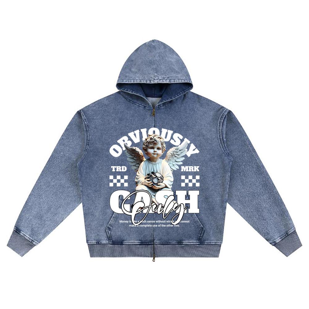 DTG print Knitted Denim Zip-Up Hoodie Obviously Cash Only Brother Print Zipper Hoodies