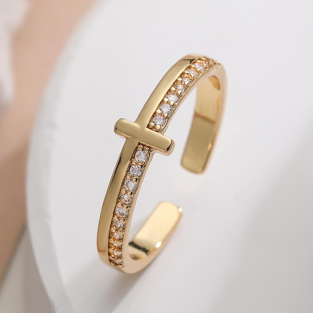 Brass Cross Zircon Open Cuff Ring Dainty Adjustable Stackable Ring Minimalist Religious Women Daily Finger Jewelry