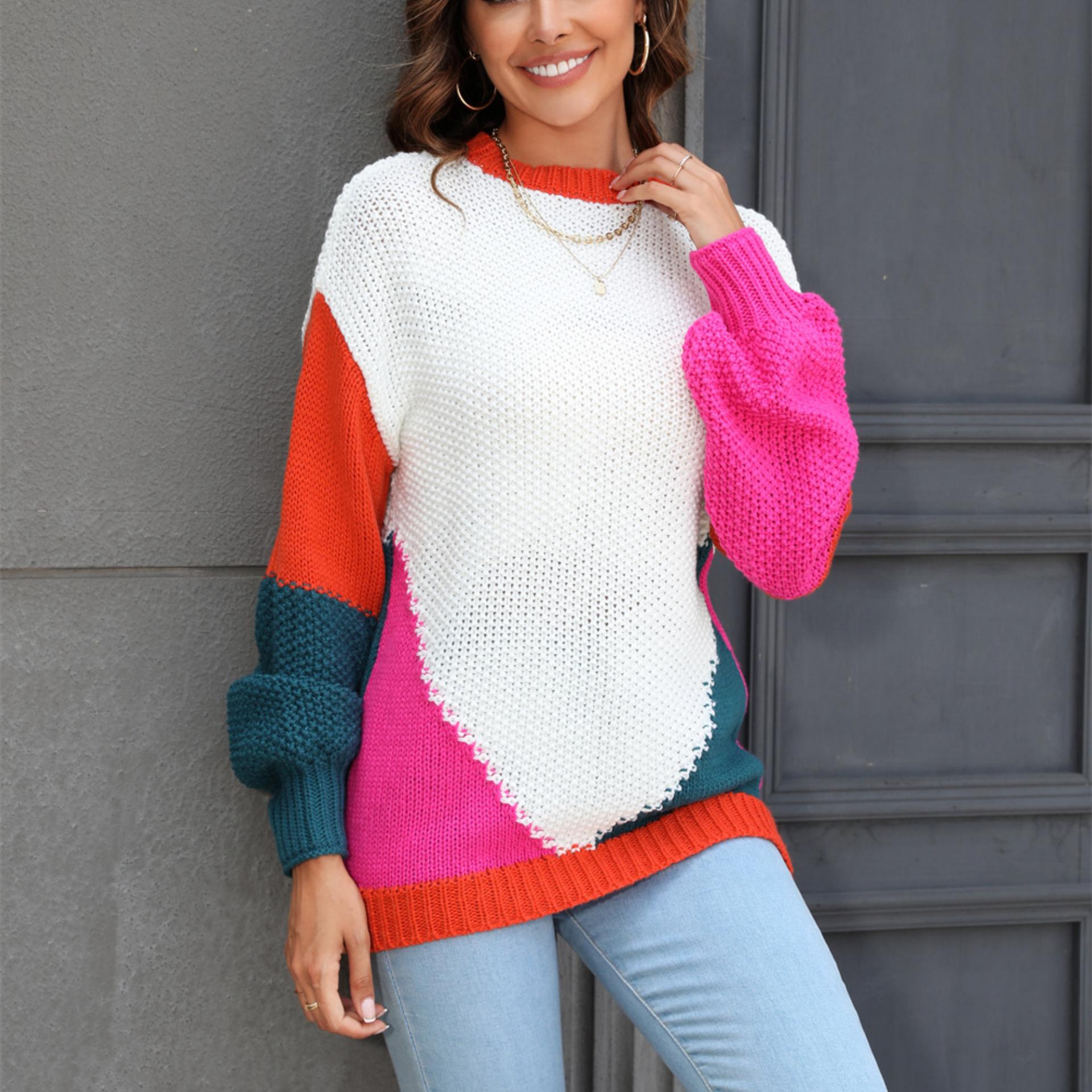 2023 осень/зима повседневный свитер для женщин вязаный круглый вырез в стиле пэчворк модный пуловер свитер S белый