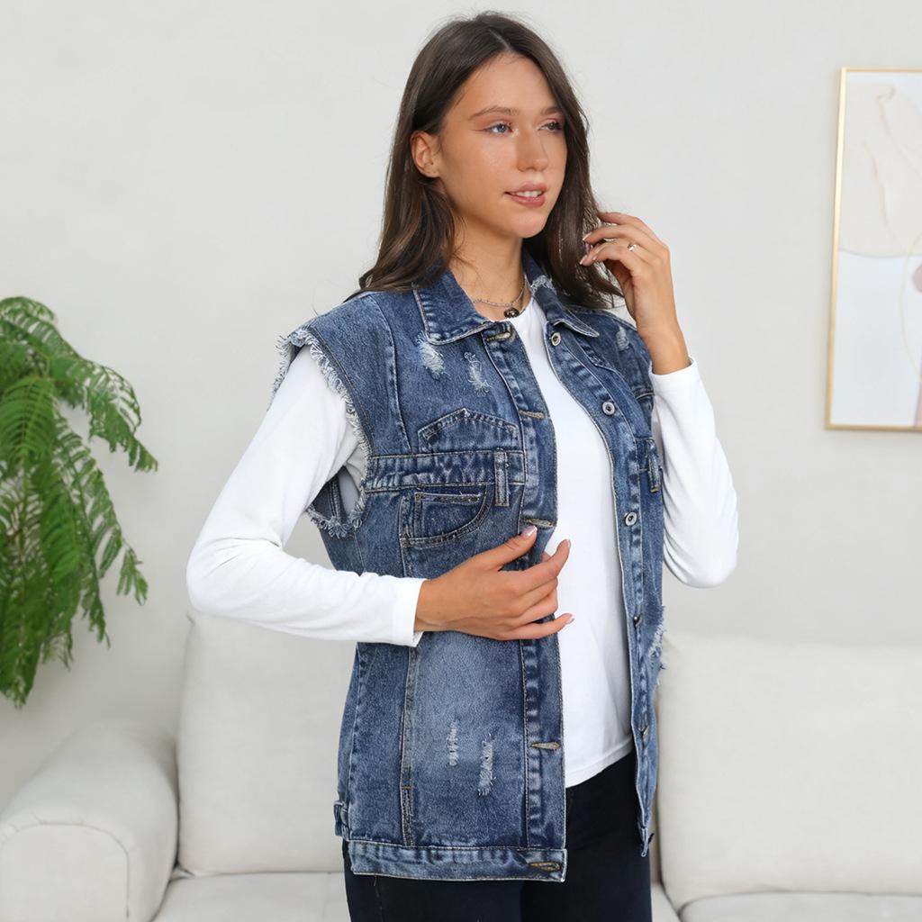 Jeans Vest Women's Long-sleeved Summer Fitted Slimming Crop Top with Hole Designs and Sleeveless Blazer-style Top