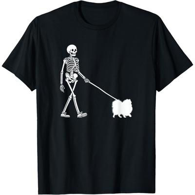 Skeleton Walking a Dog Pomeranian Halloween Outfit T-Shirt for Men Women Kids