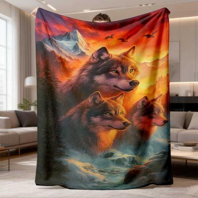1pc 2026 Latest Flannel Blanket | Soft & Warm Wolf & Mountain Sunset Print, AllSeason Cozy Throw with Howling Wolves & SnowCapped Peaks Design, Lightw