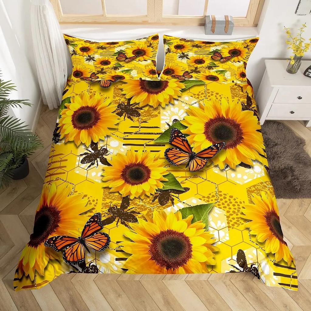 Bee And Butterfly Duvet Cover SetSpring Floral Bedding Sets For Boys GirlsColorful Flowers Country Style Comforter Cover Queen