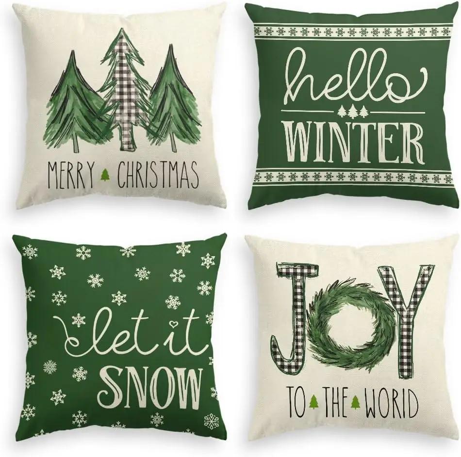 Merry Christmas Tree Motto Green Pillow Cover Cushion Cover Sofa Decoration Pillowcase 50*50 Decor