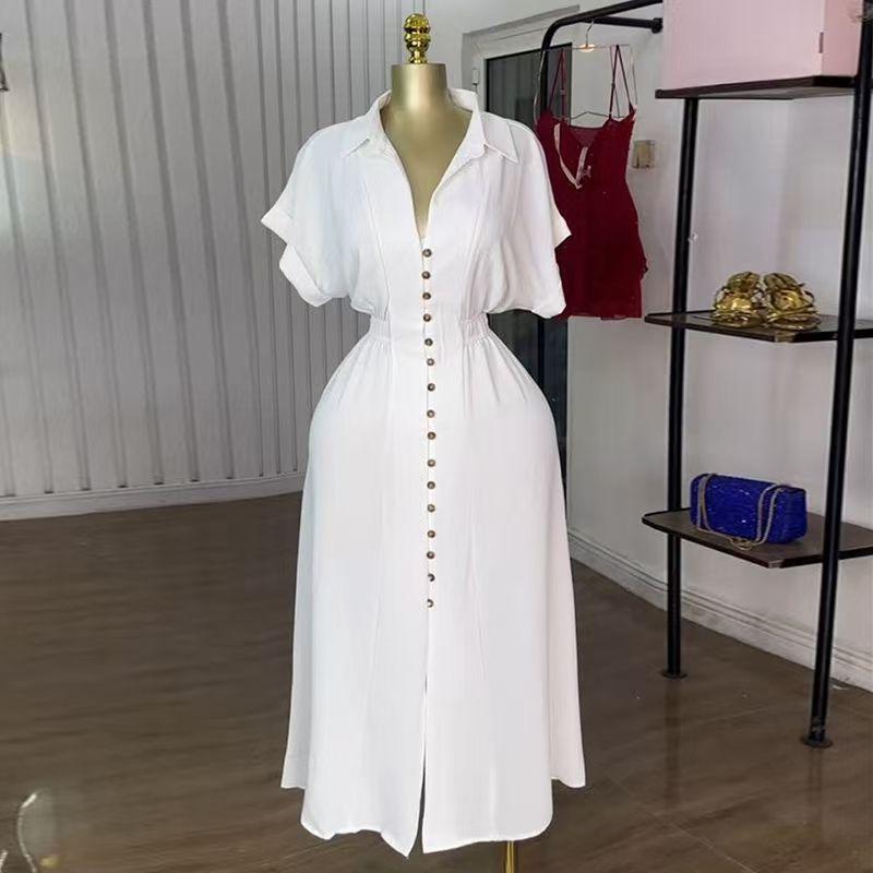 

European and American Lapel Short sleeve Single-Breasted Split Shirts Dress Single Brewed Shirt Dress White L
