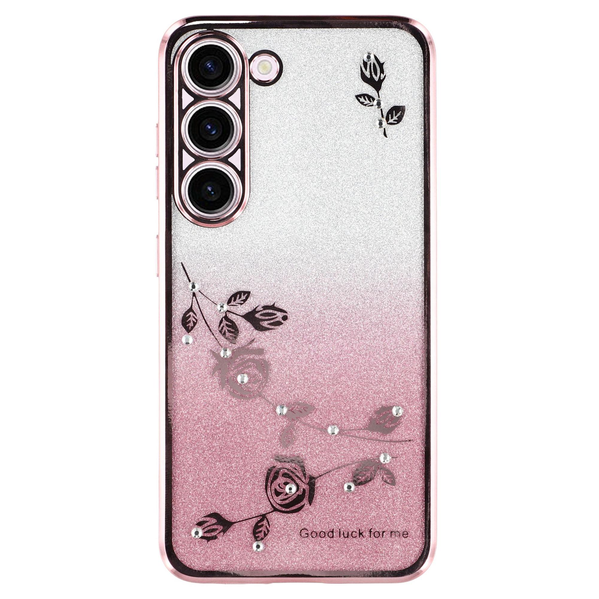 

KADEM For Samsung Galaxy S22+ 5G Phone Cover Rhinestone Design Flower Pattern Decor Gradient Color Glitter Powder Flexible TPU Cell Phone Case Rose Gold