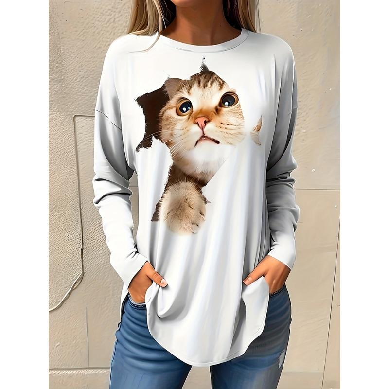 

3D Cat Print Women s Fashionable Long-sleeved T-shirt Autumn-winter Daily Casual Women s T-shirt Urban Street Style Women s Top XL