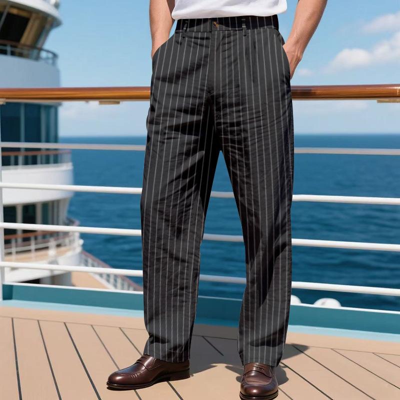 Men's Linen-Blend Relaxed Fit Breathable Casual Trousers with Vertical Stripes and Straight Leg Design