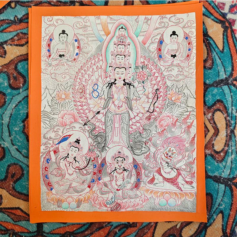 Hand-Painted Nepalese Buddha Thangka: Manjushri, Yellow Jambhala, Thousand-Armed Avalokiteshvara, Mahakala, Zhakilaamu Wall Hanging