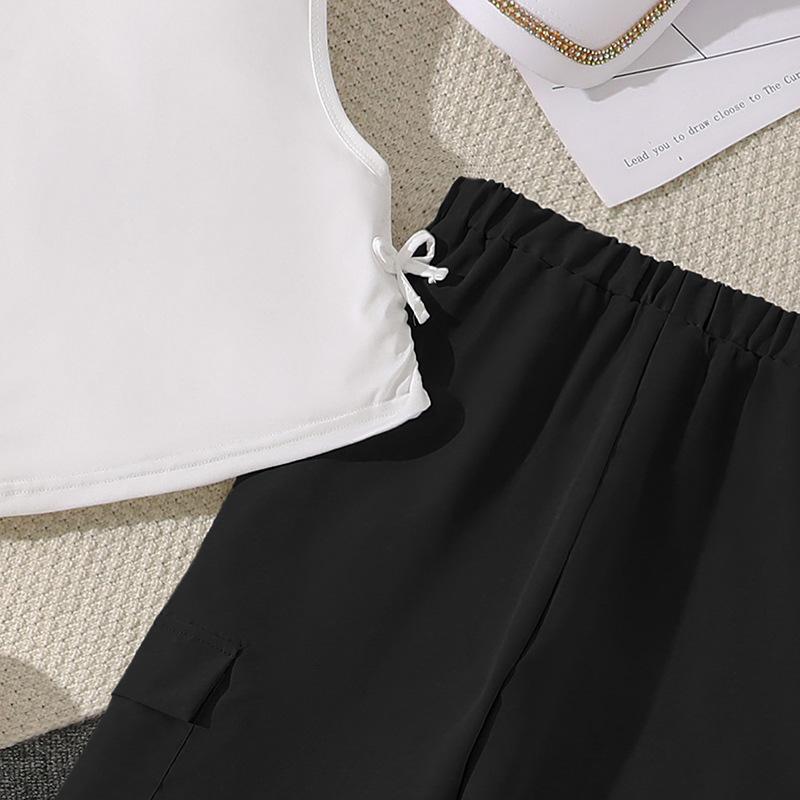 New Girls' Summer Sleeveless Letter Print T-Shirt + American Style Cargo Pants 2-Piece Sets