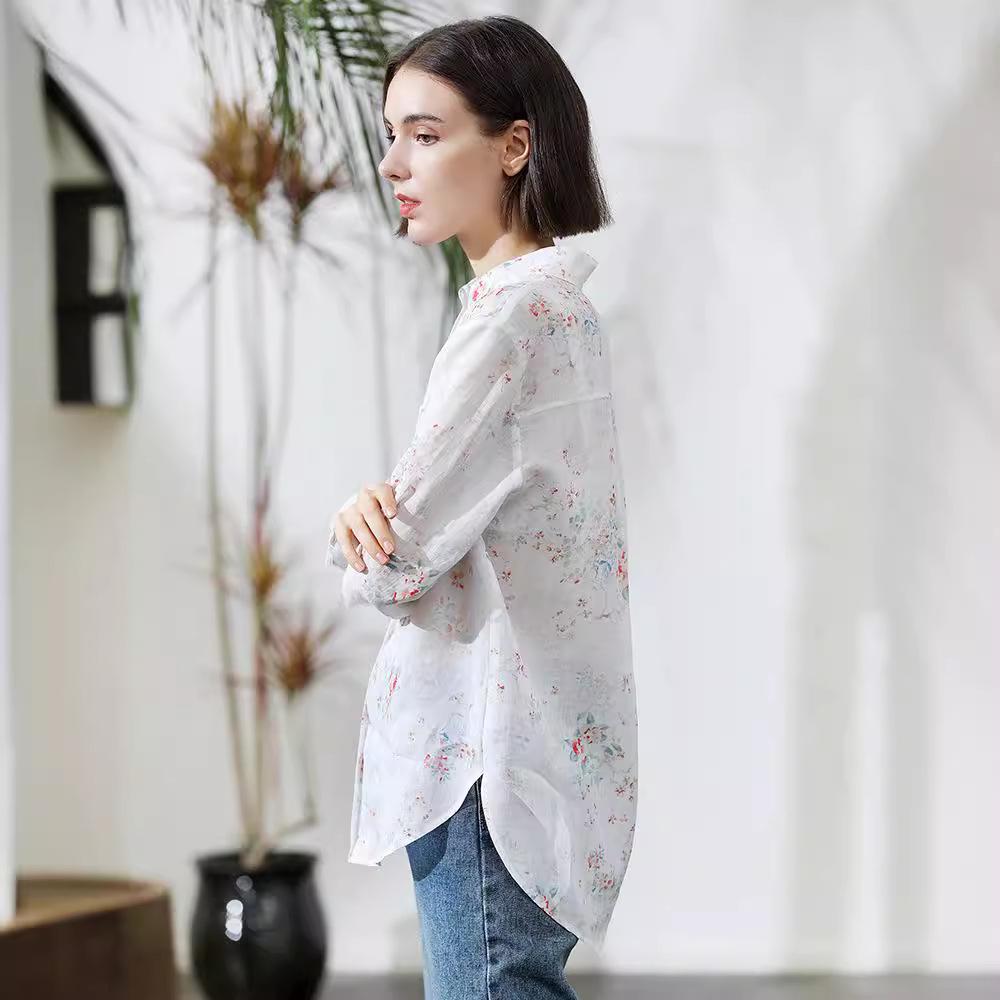 2020 Spring/Summer Artistic Floral Ramie Long Sleeve Top for Women