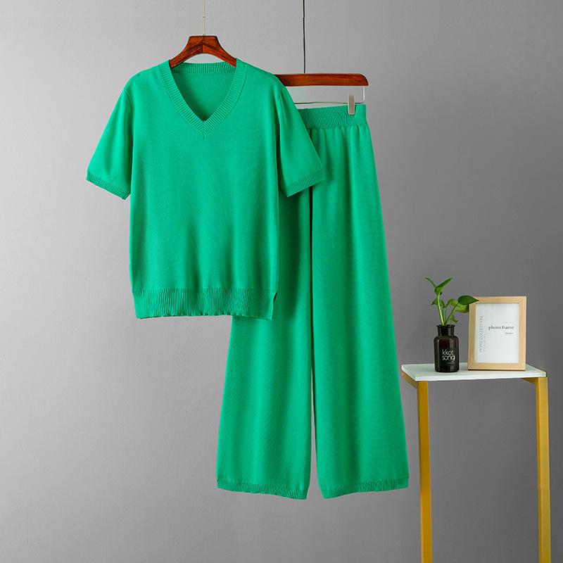 Fashion suit women's collar loose split knitted sweater top two-piece set high waist waist drape straight casual trousers