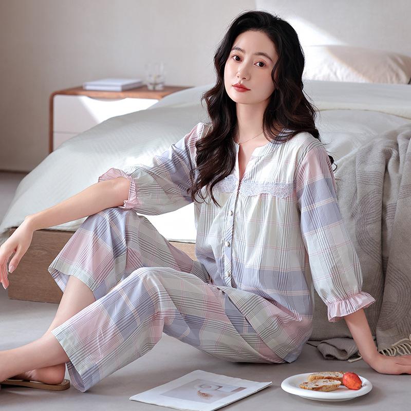 Woven cotton gauze pajamas women's summer pure cotton seven-quarter sleeves spring and summer cotton thin large-size summer loungewear set