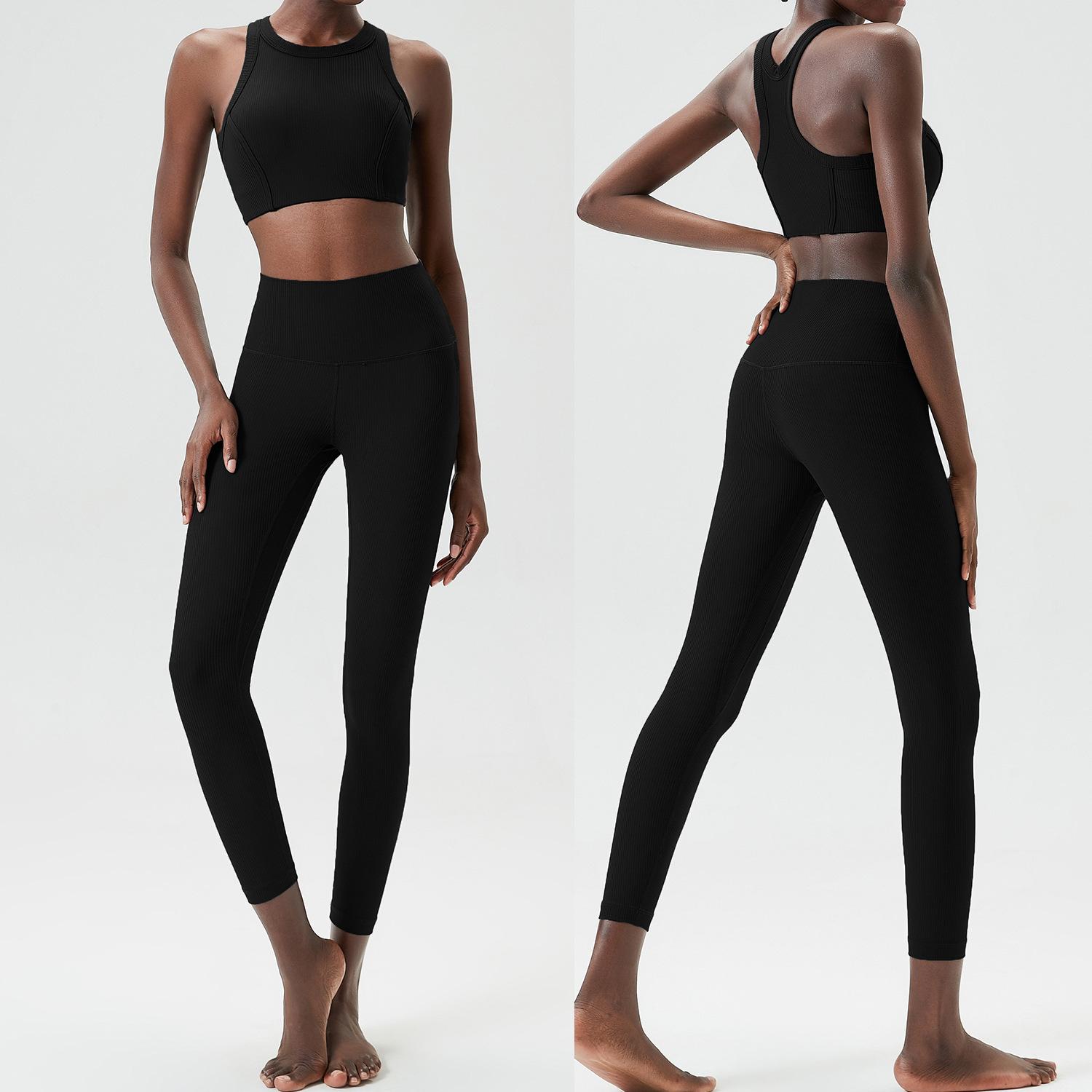 

Спортивный костюм с высокой ударопрочностью для женщин, комплект из двух частей из ребристой ткани для фитнеса и йоги, облегающий эластичный спортивный костюм для бега, одежда для тренировок XL чёрный