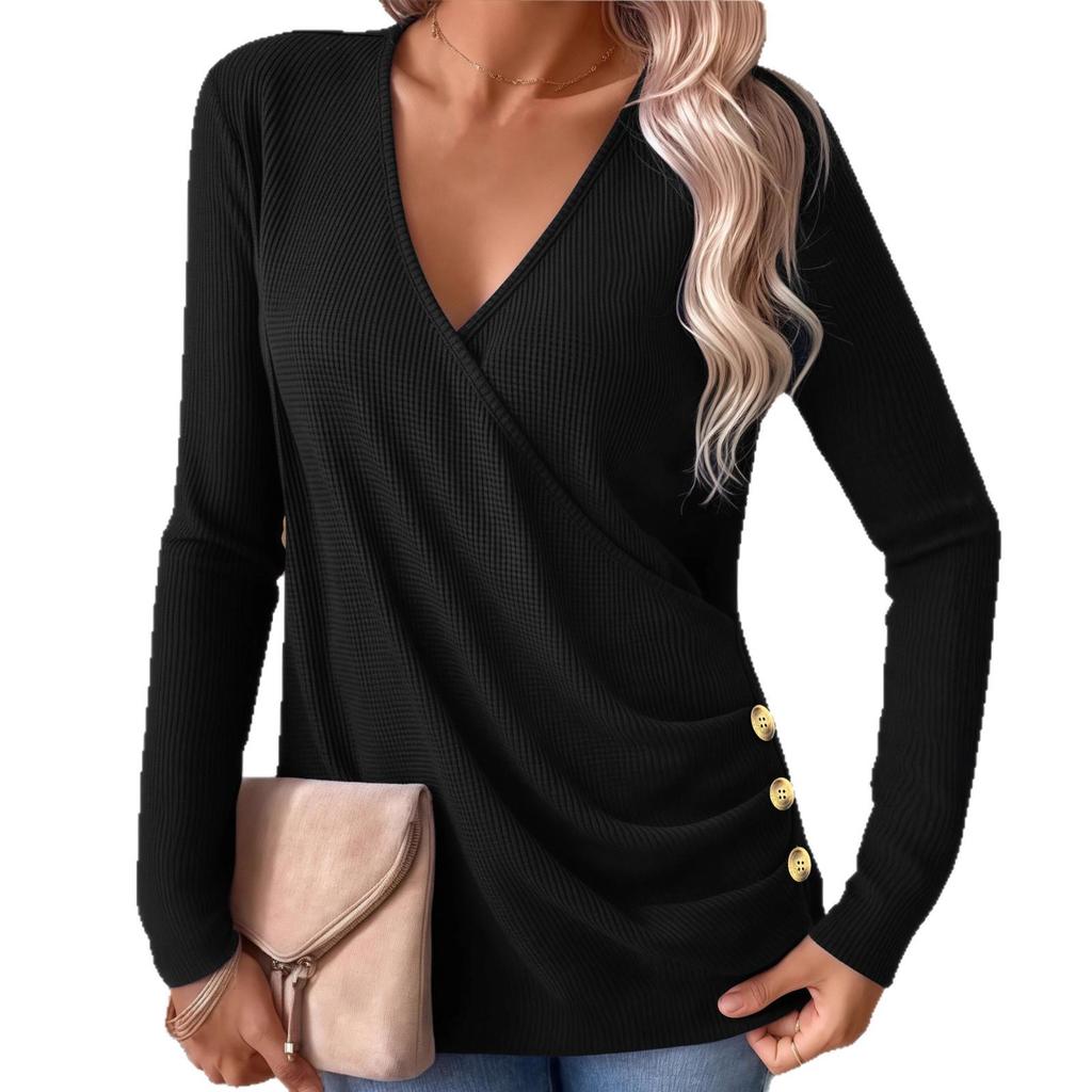 2025 Autumn Plus Size V-Neck Button Waffle Knit Women's T-Shirt