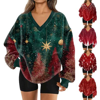 Women's Fashion Casual Long Sleeve Christmas Printed V-Neck Top Sweatshirt