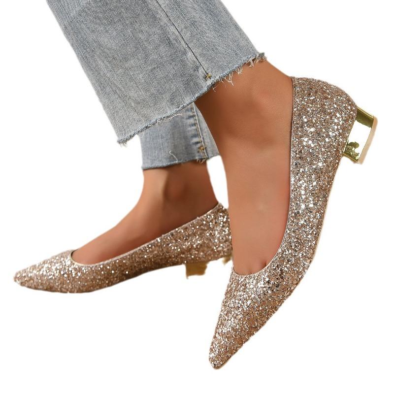 Fashion Sexy  Shiny Sequin Pumps Women New Pointed Toe Low Heels Wedding Party Shoes Woman Slip-on Bling Glitter Bride Shoes