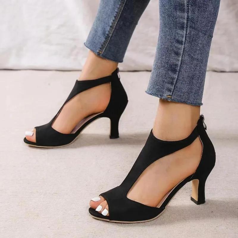 Fashion 2024 New Women's Shoes High Quality Solid Color Women's Sandals Summer Fashion Open Toe One-line Buckle Women's High Heels