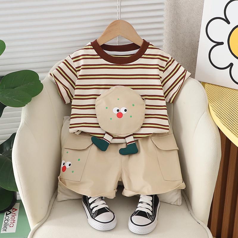 

Boys 2025 Summer Two-Piece Set: Short Sleeve & Bag 90cm грязно-белый