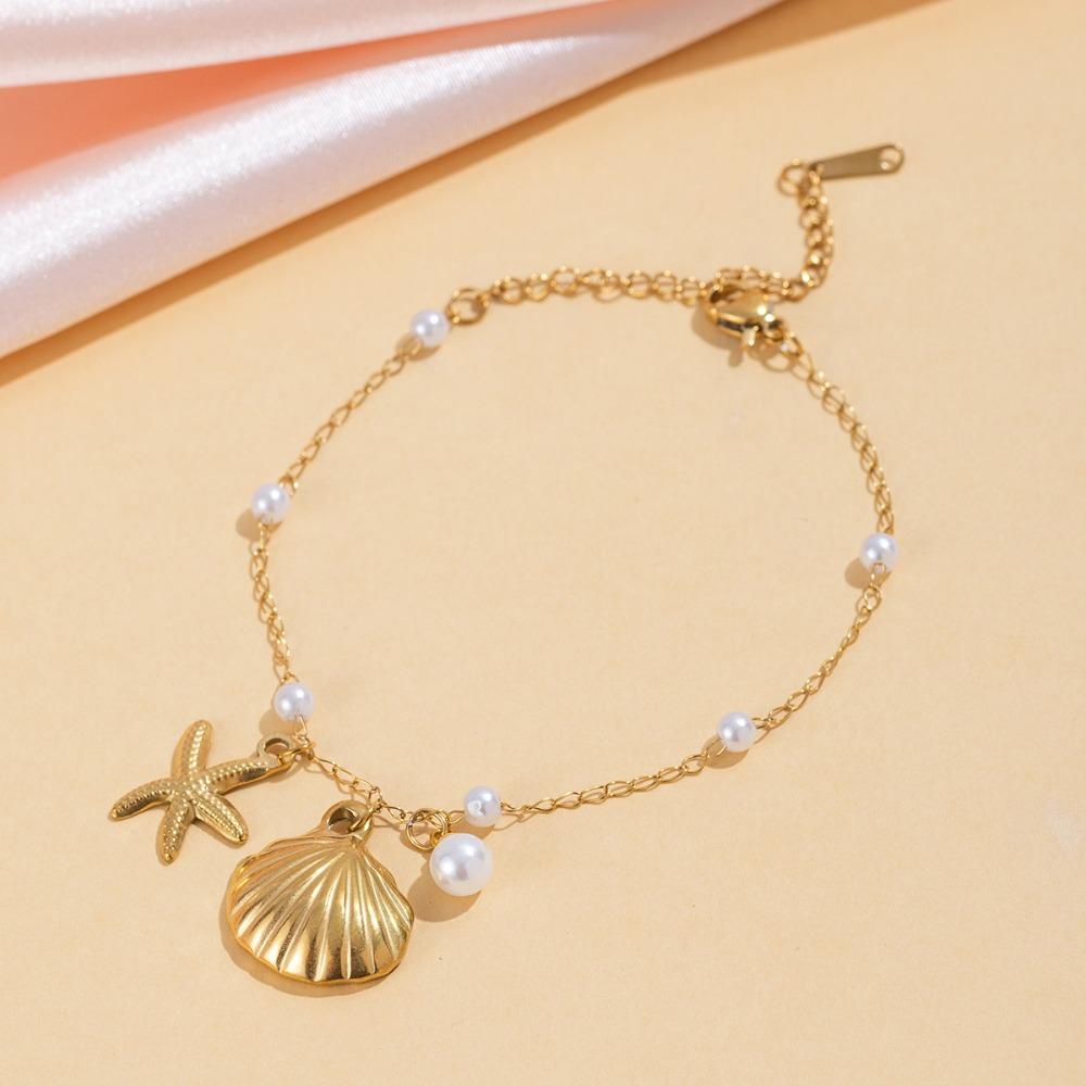 Trendy Temperament Gold Color Starfish Shell Pearl Pendant Necklace Earrings for Women Summer Beach Stainless Steel Jewelry Gift