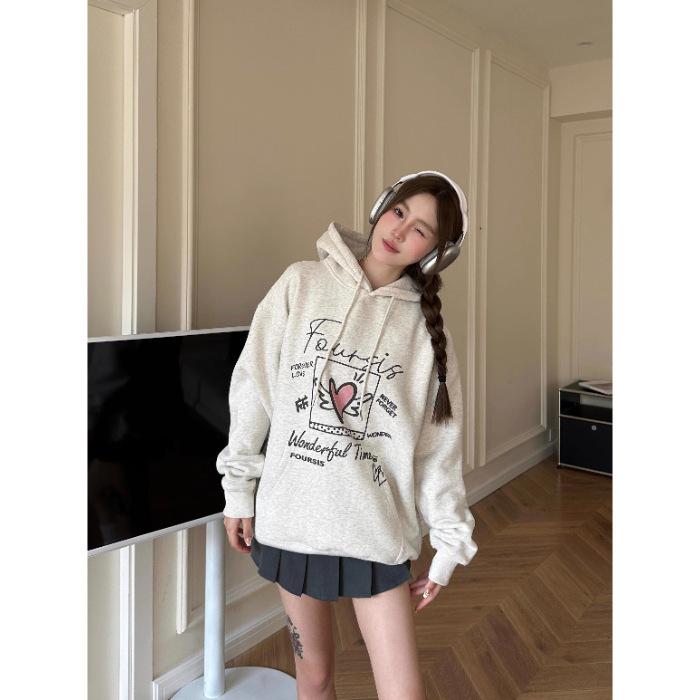 Hong Kong style love printing loose large size hooded sweater female senior sense niche student velvet jacket ins 3XL 1950₽