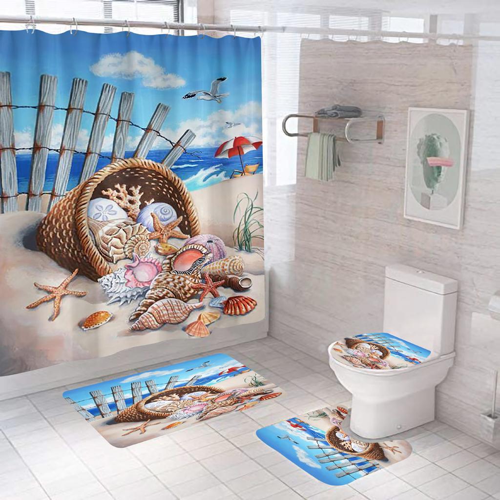 Bathroom Shower Curtain Four-piece Digital Printing Beach Shell Waterproof Shower Curtain Shower Curtain Partition Curtain Bath Mat