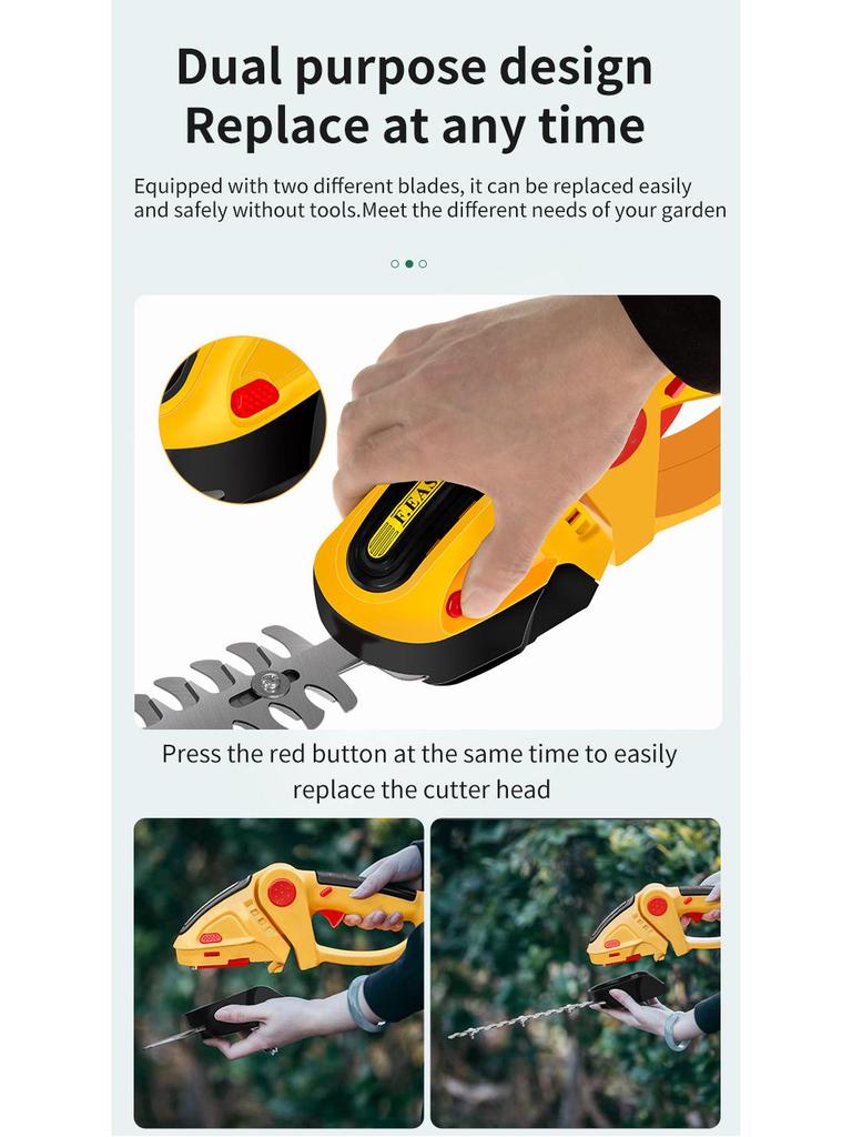 Rechargeable Dual-Purpose Electric Hedge Trimmer and Pruner - One-Handed Lawn & Garden Tool