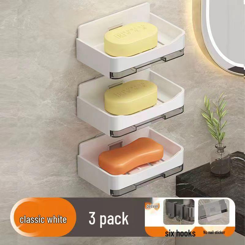 Wall-Mounted Double-Layer Soap Holder: Punch-Free, Anti-Mold, Bathroom Storage with Drainage.
