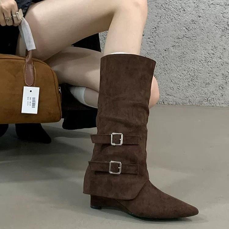 

Fashion 2025Vintage Suede Women Trouser Legs Boots Fashion Belt Buckle Slip On Shoes Autumn Winter Wedges Heel Ladies Long Booties 35