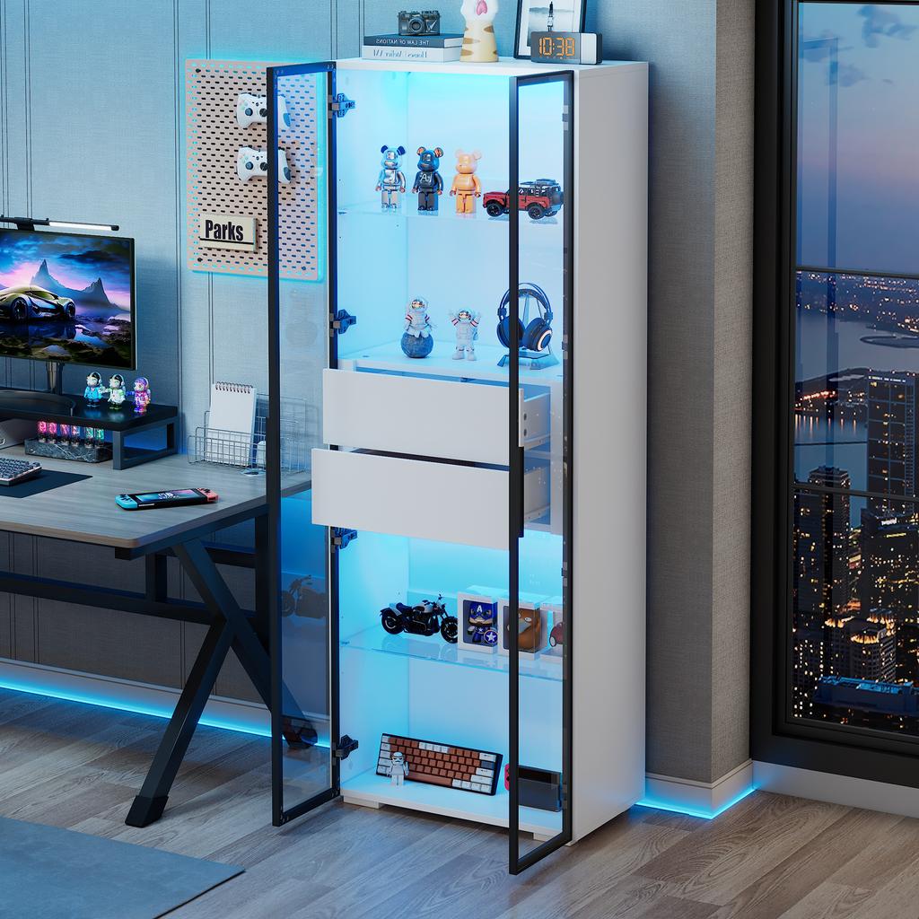 60*40*160cm Display Cabinet with Tempered Glass Door, LED, 2 Glass Shelves, 2 Drawers, Highboard, Living Room Cabinet, White