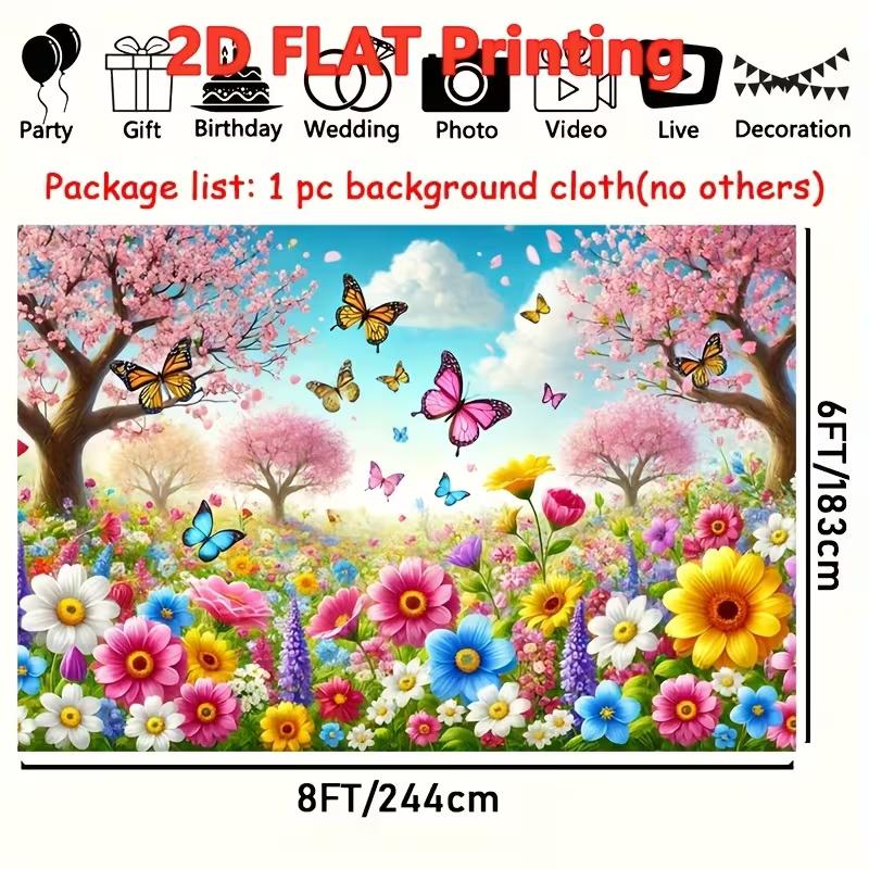 2D Colorful Spring Backdrop, Peach Blossom Garden with Butterflies Photography Background for All Occasions