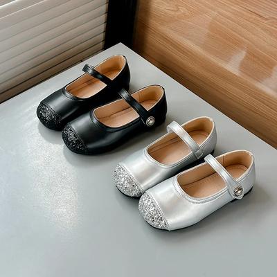 Girls' Princess Flat Shoes with Sparkling Rhinestones Kids Versatile Fashion Leather Shoes Soft Sole Girls' Dance Shoes Korean