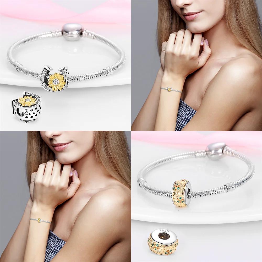 Original Copper Pink Heart Zircon Flowers Cats Sunflowers Beaded Charm Fit Bracelet Women Gift Diy Jewelry Set