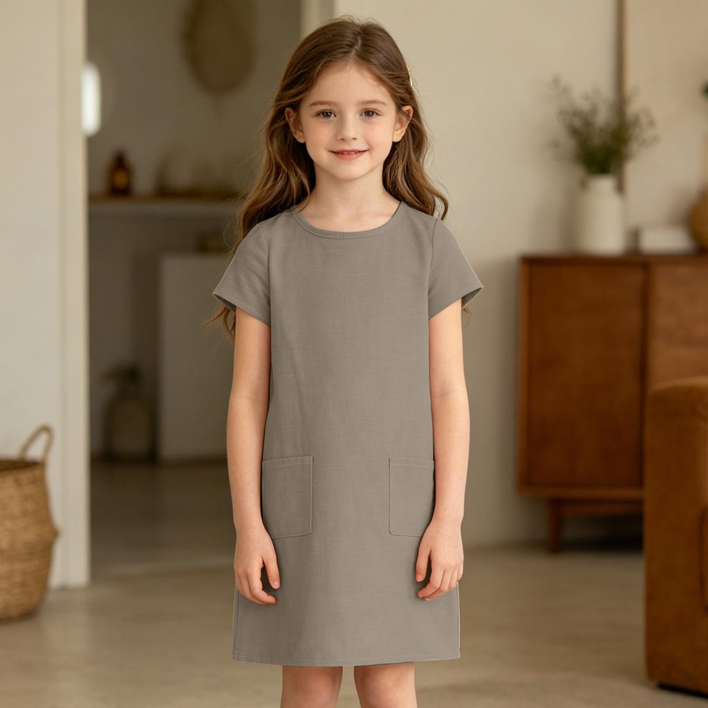 Girls Casual Dress Summer Linen Cotton Blend Short Sleeve Pockets Straight Cut Comfortable Lightweight Dress for Everyday Wear