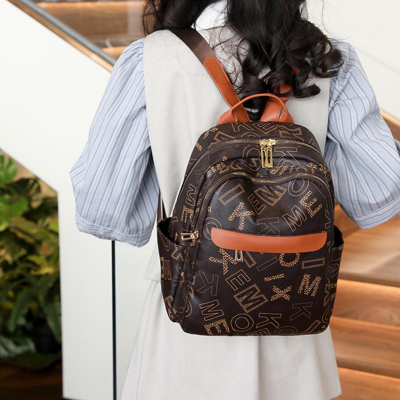 Leather Women Letter Printed Backpack Student Schoolbag Large Capacity Travel Bags