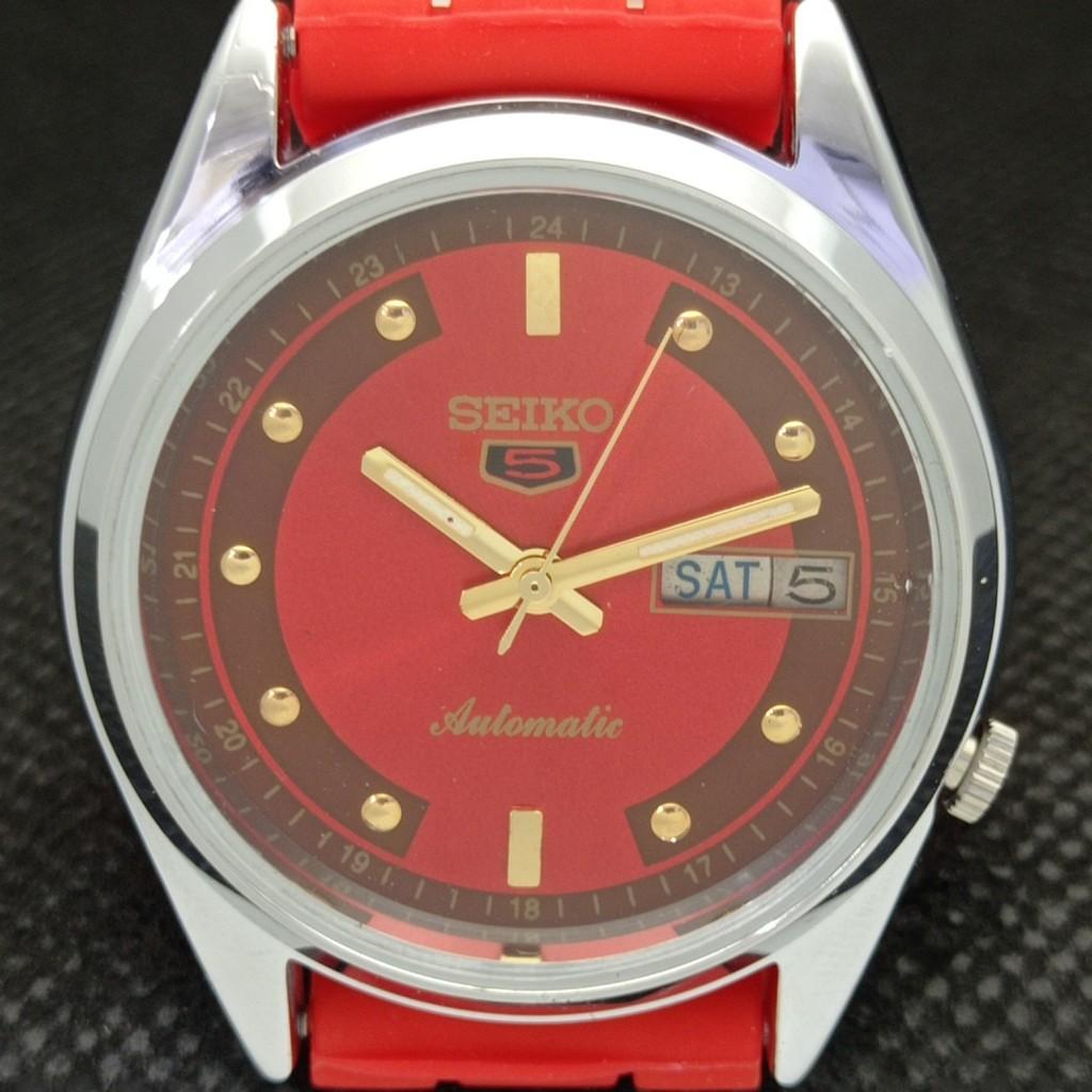 Generalüberholte Vintage-Armbanduhr „SEIKO 5“ aus Japan, Automatik, D/D, Rot, 593a-a311236-9
