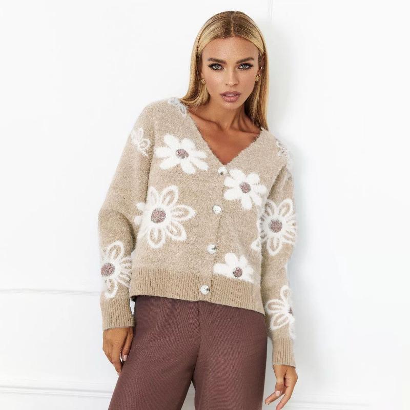 Damen Cropped Floral Jacquard V-Ausschnitt Dickstrick Cardigan Pullover Oberbekleidung