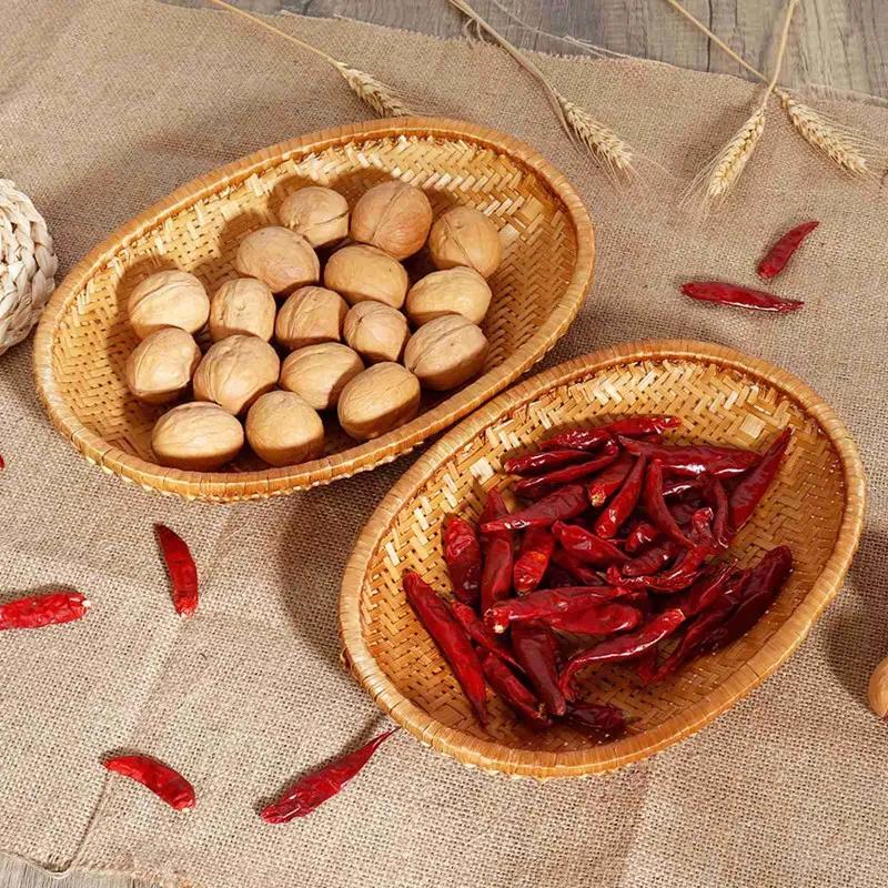 Cesta de Armazenamento Oval de Rattan Trançado Bandeja de Armazenamento de Pão Frutas Alimentos Cesta de Rattan para Exibição de Vegetais Artesanal Armazenamento de Cozinha