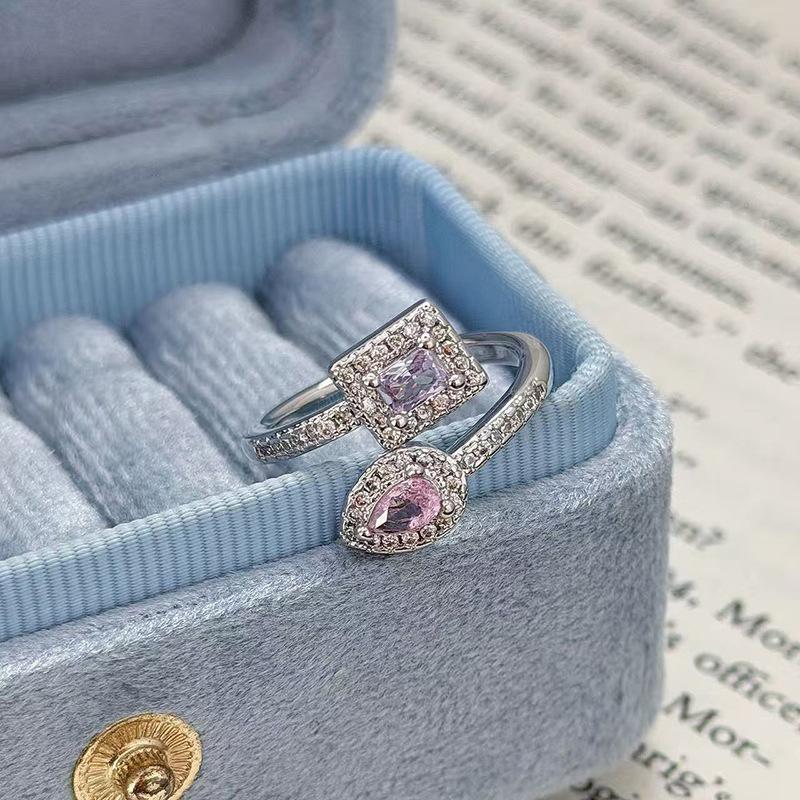 Sweet Crit Pink Zircon Love Open Ring Light Luxury High-End Niche Design Stacked Ring Woman