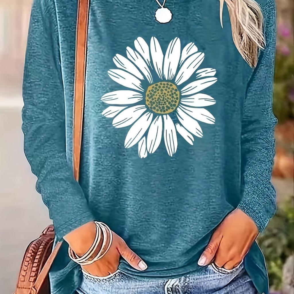 Stilvolles T-Shirt mit floralem Print und Rundhalsausschnitt - Weiche Baumwollmischung, Mittlere Elastizität,