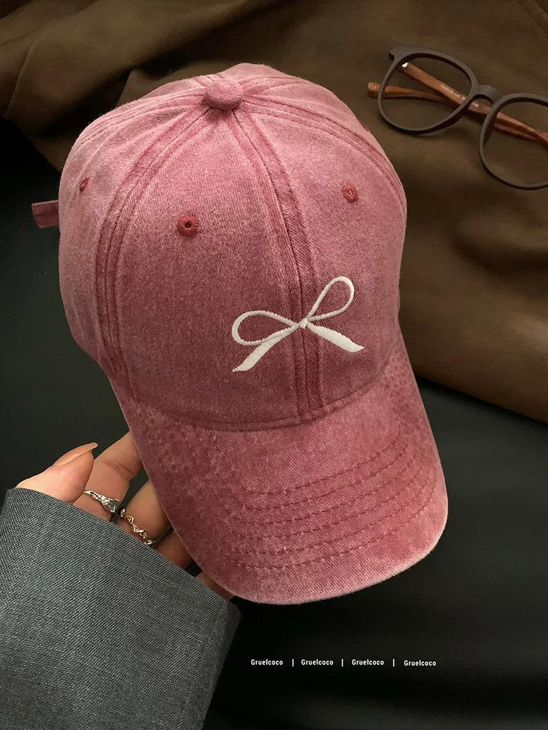 Retro washed old bow embroidered baseball hat for women in spring summer large brim plain faced duckbill cap Men