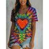 T-shirt da donna elegante con scollo a V, manica corta, grafica a cuore tie-dye, stile bohémien vintage, casual, top regular, quotidiano, arcobaleno, per l'estate