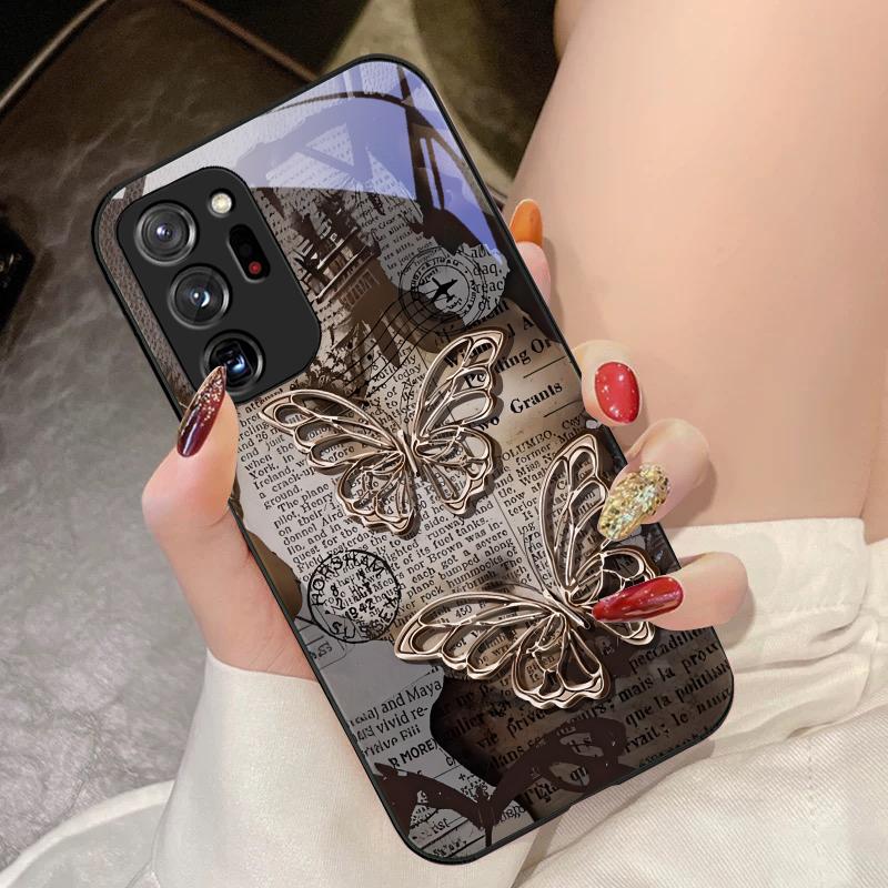 Vintage Schmetterling für Samsung Galaxy Note 8 9 10 PRO 20 Ultra A01 02 03 Core 04E 4G 12 13 5G Gehärtetes Glas Handyhülle