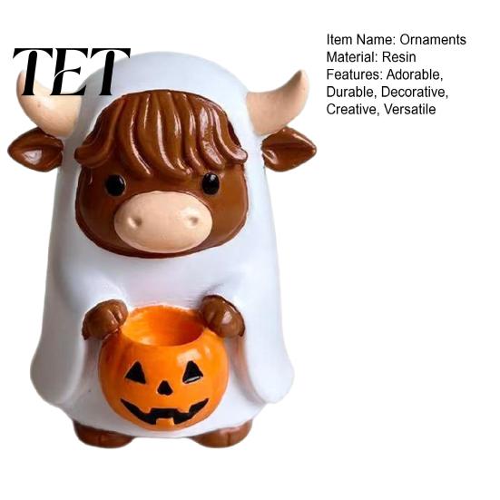 Resin Pumpkin Candy Bowl Highland Cow Ghost Figurine with Bowl, Cute Halloween Holiday Party Table Centerpieces Tabletop Decor for Farmhouse