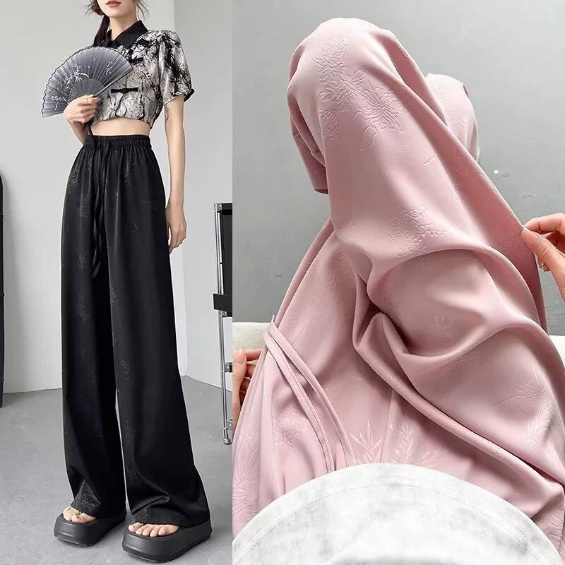 Women Elegant Summer Satin Chinese Style Straight Pants Streetwear Vintage Wide Leg Pants Casual Loose High Waist Trousers